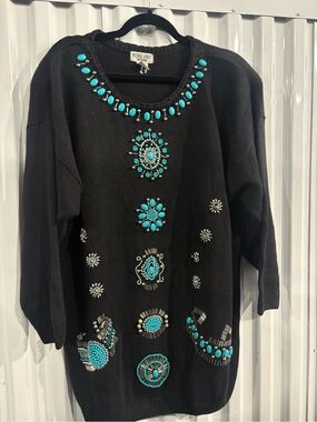 Vintage Victoria Jones Woman Beaded Southwestern Sweater Black Turquoise